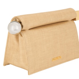 Jacquemus La Pochette Rond Carr&eacute; Clutch in Natural, woven finish with oversized gold-tone circle and pearl-effect closure, gold logo lettering