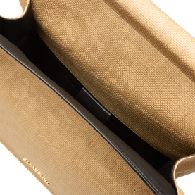 Jacquemus La Pochette Rond Carr&eacute; Clutch in Natural, open interior view showing woven lining and gold-tone logo lettering on edge