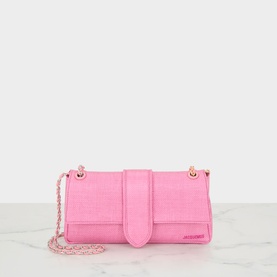 Jacquemus Le Bambino Chaine Shoulder Bag in light pink woven leather, flap closure, gold-toned chain strap, compact silhouette