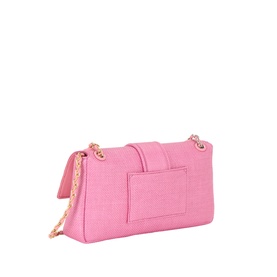 Jacquemus Le Bambino Chaine Shoulder Bag in light pink leather, flap closure, woven texture, rose gold chain strap, rear slip pocket