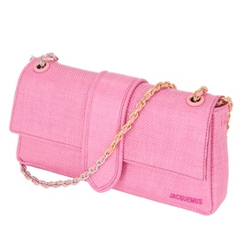 Jacquemus Le Bambino Chaine Shoulder Bag in light pink woven leather with gold-tone chain strap and flap closure