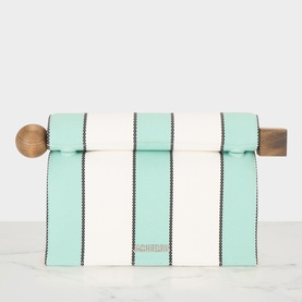 Jacquemus La Pochette Rond Carr&eacute; Clutch in white and mint stripes with wooden cylindrical and square closure ends, silver-tone logo