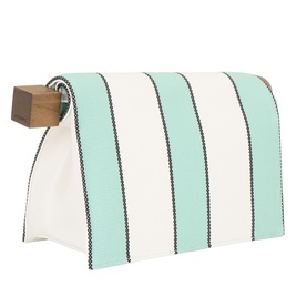 Jacquemus La Pochette Rond Carr&eacute; Clutch in white and mint stripes, shown rolled open with wooden closure endings visible