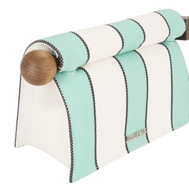 Jacquemus La Pochette Rond Carr&eacute; Clutch in white and mint stripes, rolled closed with wooden cylindrical and square closure ends