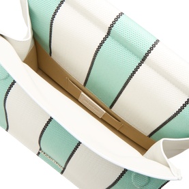 Jacquemus La Pochette Rond Carr&eacute; Clutch in Print Stripes White/Mint, open view showing striped leather interior with silver-tone hardware closure