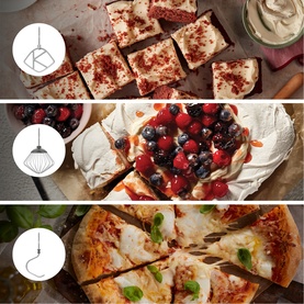 Three attachment icons beside food: brownies with cream, berry pavlova, and cheesy pizza slices, showing mixer versatility