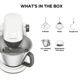 Kenwood stand mixer in white with stainless steel bowl, shown with included attachments: K-Beater, Whisk, Dough Tool, and Splashguard with spoon.