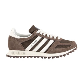 Adidas LA Trainer in Earth Strata Brown, white three-stripe overlays, suede and mesh upper, ridged off-white sole