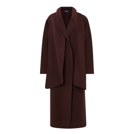 Luisa Cerano dark brown longline coat with wide lapels, open front, and relaxed silhouette in viscose-polyester blend