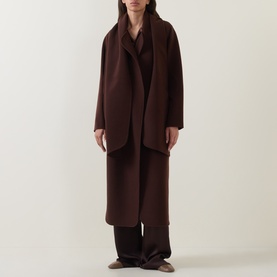 Model wearing Luisa Cerano Dark Brown coat with wide lapels, styled with matching dark brown wide-leg trousers and top.