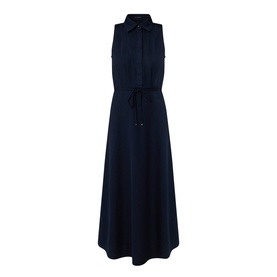 Luisa Cerano Denim Shirt Dress in dark blue, sleeveless midi length, pointed collar, tie belt waist, slightly flared skirt