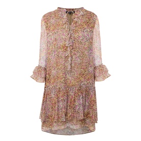 Luisa Cerano Tiered Floral Print Mini Dress in multi, semi-sheer with flared cuffs, ruffle placket, front tie and tiered skirt