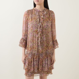 Model wearing Luisa Cerano Tiered Floral Print Mini Dress in multi, with ruffle placket, tie neckline, flared cuffs and tiered skirt