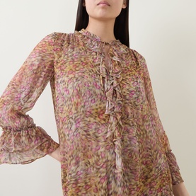 Model wearing Luisa Cerano Tiered Floral Print Mini Dress in multi, showing ruffle placket, front tie fastening and flared cuffs