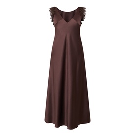 Luisa Cerano dark brown maxi dress with V-neckline, lace flutter sleeves, and A-line silhouette in satin finish
