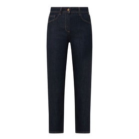 Luisa Cerano Straight Leg Jeans in dark blue with tobacco stitching, five-pocket style, button and fly zip fastening, logo badge.