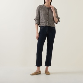 Model wearing Luisa Cerano Dark Blue Straight Leg Jeans with tobacco stitching, styled with a grey tweed jacket and tan flats.