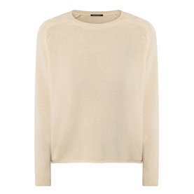Luisa Cerano Fine Knit Sweater in yellow, crew neckline, long raglan sleeves, dipped hem with rolled edge, ribbed trims, fine knit structure