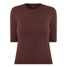Luisa Cerano dark brown knit top with crew neck and short sleeves, relaxed fit in viscose and wool blend