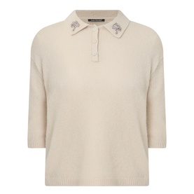 Luisa Cerano Embellished Knitted Polo Sweater in Ginger, with jewel-embellished collar, three-button placket, short sleeves and ribbed trims