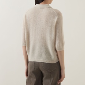 Model wearing Luisa Cerano Embellished Knitted Polo Sweater in Ginger, back view, short sleeves, dropped shoulders, ribbed trims, styled with khaki
