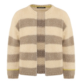 Luisa Cerano Open-Front Striped Cardigan in multi, round neck, dropped shoulders, ribbed trims, chunky knit with brushed finish