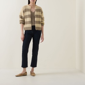 Model wearing Luisa Cerano Open-Front Striped Cardigan in multi, with dark cropped jeans and tan loafers.