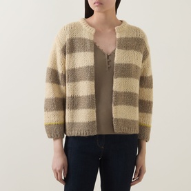 Model wearing Luisa Cerano Open-Front Striped Cardigan in multi, beige and taupe stripes, brushed knit, round neck, over brown top with dark jeans