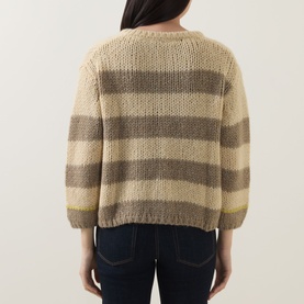 Model wearing Luisa Cerano Open-Front Striped Cardigan in multi, showing rear view with beige and grey stripes, ribbed trims, styled with dark jeans