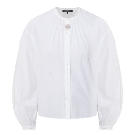 Luisa Cerano off white cotton silk shirt with balloon sleeves, button placket, and floral embellishment at neckline