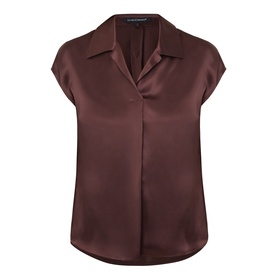 Luisa Cerano dark brown 100% silk shirt with open collar, short cap sleeves, and button placket front