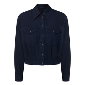 Luisa Cerano Blouson Denim Blouse in dark blue, shirt collar, dropped shoulders, twin chest flap pockets, snap button placket, elasticated hem