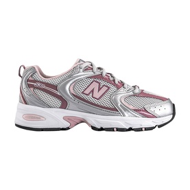 New Balance 530 trainer in silver metallic and rosewood, mesh and synthetic upper, chunky white sole with grey midsole detailing