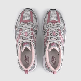 New Balance trainers in silver metallic rosewood, top-down view showing mesh upper, white laces, and pink accent detailing