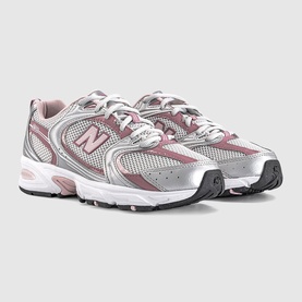 New Balance 530 trainers in silver metallic and rosewood, mesh and synthetic upper, white chunky sole with grey outsole