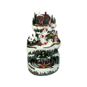 Music Box World Ski Mountain Christmas Scene 51cm, multi-coloured animated alpine village with moving train, illuminated tiers, hand-painted polyresin