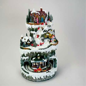 Music Box World Ski Mountain Christmas Scene 51cm, multi-coloured animated alpine village with train, illuminated tiers, hand-painted figurines and