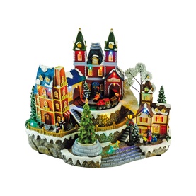 Music Box World Musical Christmas Village House Decoration with Rotating Tree and Train, 30cm multicolour lit polyresin display with castle, train