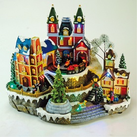 Music Box World Musical Christmas Village House Decoration with rotating tree and train, multicoloured lit village scene, 30cm polyresin display
