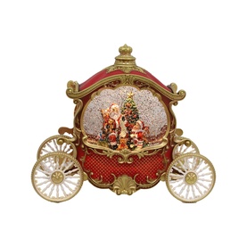 Music Box World Christmas Carriage Snow Globe 26cm, red and gold vintage carriage design with Santa, Christmas tree and children scene inside glass