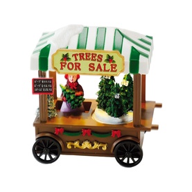 Music Box World Christmas Tree Stall Musical Decoration 13cm, multicoloured polyresin scene with vendor figurine, green-striped awning and miniature