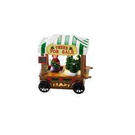 Music Box World Christmas Tree Stall Musical Decoration, multicoloured polyresin stall with green awning, vendor figure, miniature trees, on wheeled