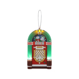 Music Box World Rock-O-Rama Jukebox Musical Christmas Decoration, multicoloured LED-illuminated retro diner-style jukebox ornament with hanging loop
