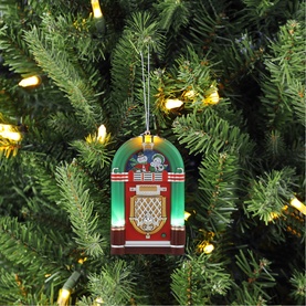 Music Box World Rock-O-Rama Jukebox Musical Christmas Decoration in multi colourway, LED-lit retro jukebox ornament hanging on a decorated Christmas