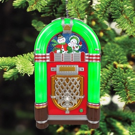 Music Box World Rock-O-Rama Jukebox Musical Christmas Decoration in multi, red and green LED-lit retro diner-style design with snowman scene, hung on