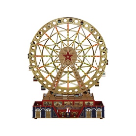 Music Box World RGB Musical Ferris Wheel Decoration 31cm, multi-coloured fairground replica with gold metal wheel, red base, and hand-painted