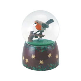 Music Box World Robin Christmas Snow Globe 16cm, glass dome with robin bird on branch, dark green and burgundy star-detailed base
