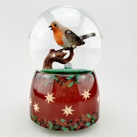 Music Box World Robin Christmas Message Snow Globe 16cm, red base with gold stars and holly, glass dome with perched robin figurine