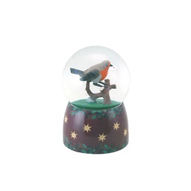 Music Box World Robin Christmas Message Snow Globe 16cm, glass globe with painted robin on branch, dark star-patterned base, glitter snow effect