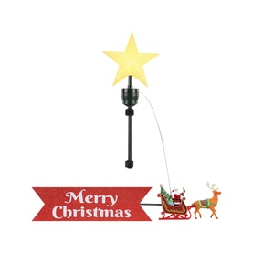 Music Box World Santa Biplane Christmas Tree Topper 25cm with illuminated yellow LED star, black pole, and animated Santa sleigh scene